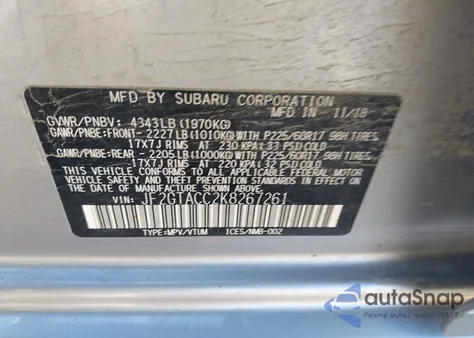 2019 Subaru Crosstrek 2.0I Premium from USA, damaged, VIN JF2GTACC2K8267261